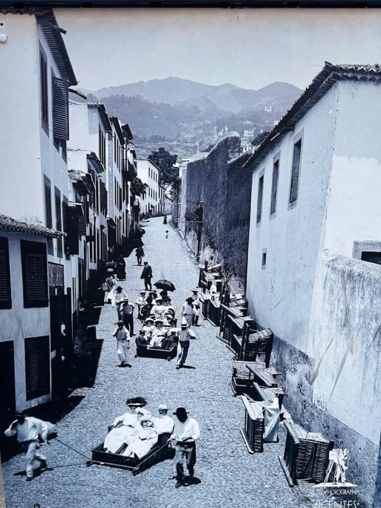 Portugal Maderia old black and white photo of Toboggan basket ride